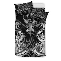 Black warrior duvet with tribal pattern and two pillow covers, 'YOUR TEXT' printed.