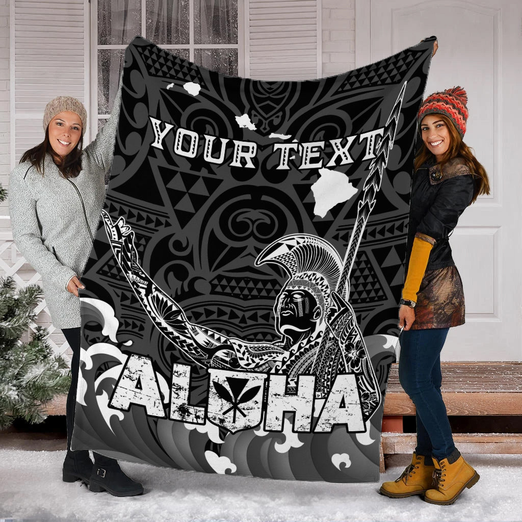 Large black blanket with white Hawaiian tribal chief and custom text design