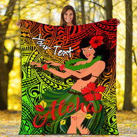 Outdoor hula girl 'Aloha' blanket with hibiscus flowers, green leaves, and tribal swirls