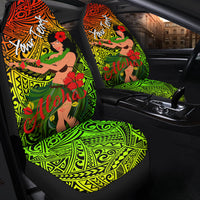 Reggae hula girl car seat covers with green tribal patterns, red flowers, and 'Aloha' text