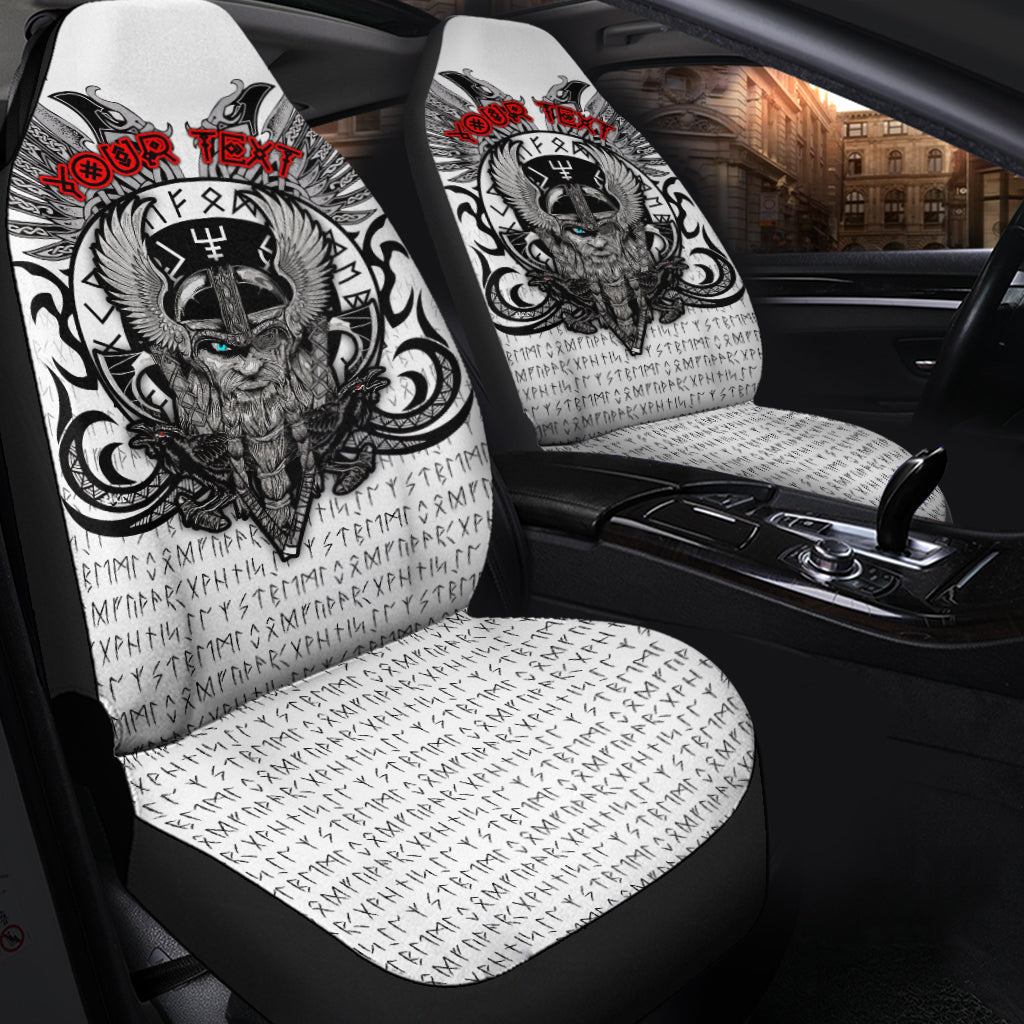 Car seat covers with Odin wolf head artwork on white patterned fabric