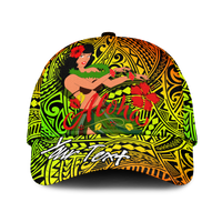 Classic cap, neon tribal print with hula girl holding flowers and Aloha text
