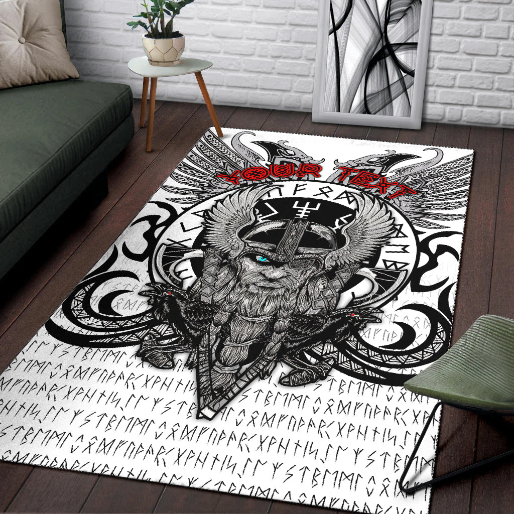 Viking area rug featuring Odin portrait with ravens, black and white ornate symbols and red accents