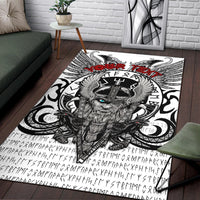 Viking area rug featuring Odin portrait with ravens, black and white ornate symbols and red accents