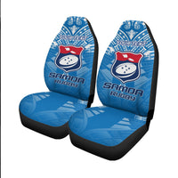 Two blue Samoa Rugby seat covers with crest and 'YOUR TEXT' on patterned seat base