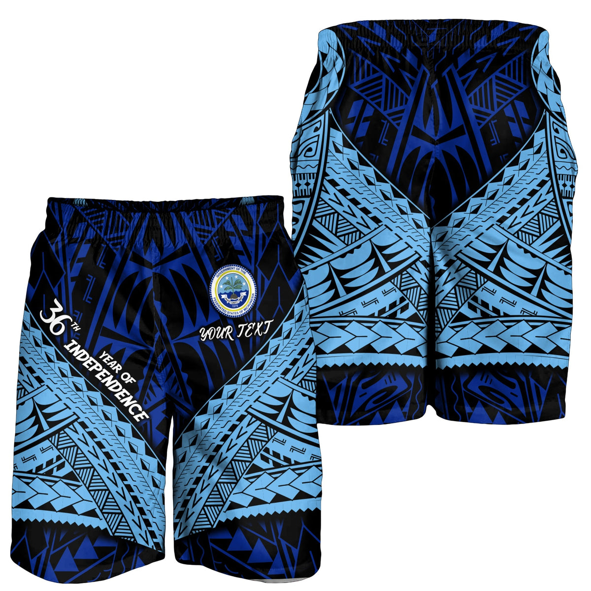 Men's blue patterned shorts with elastic waistband and circular badge on front