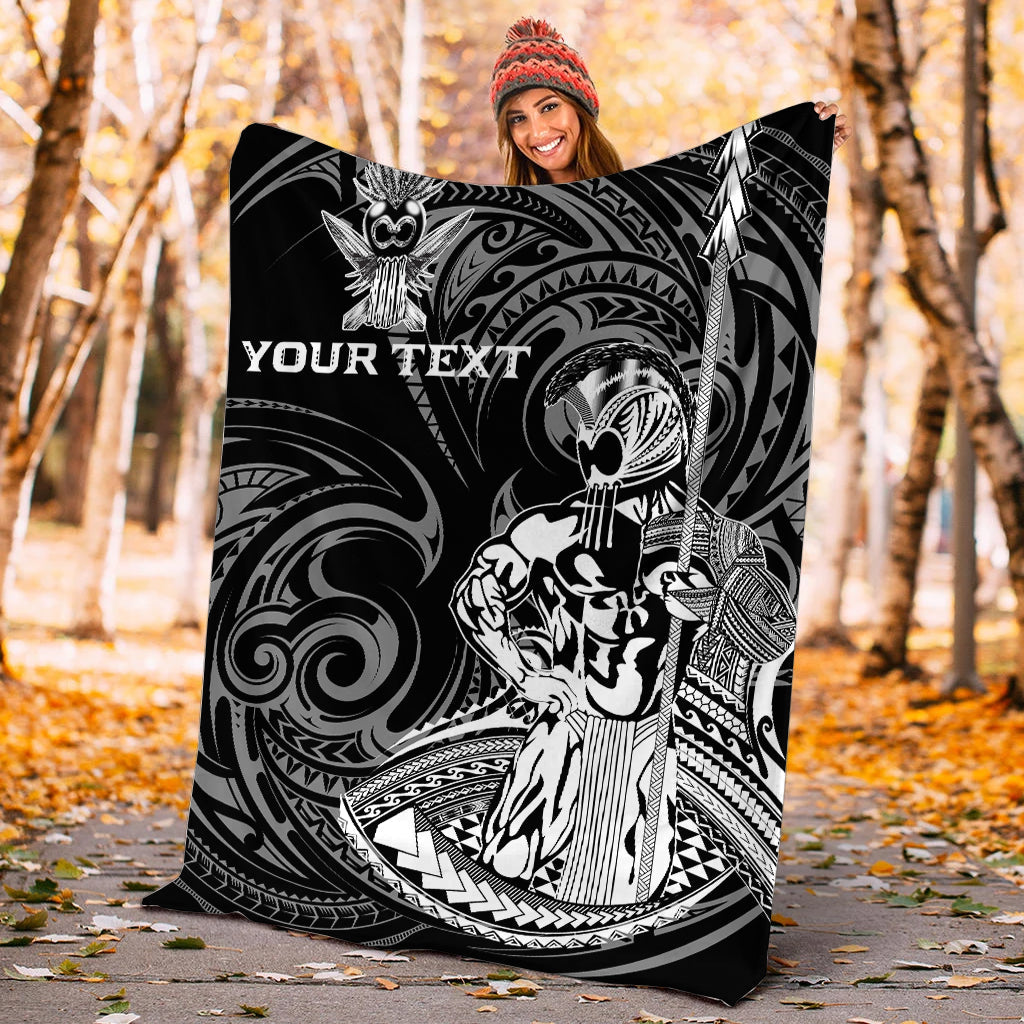Black Hawaii warrior throw blanket with white tribal artwork and “YOUR TEXT” center