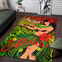 Hula girl 'Aloha' area rug in green, red and orange with tropical hibiscus and leaf motifs