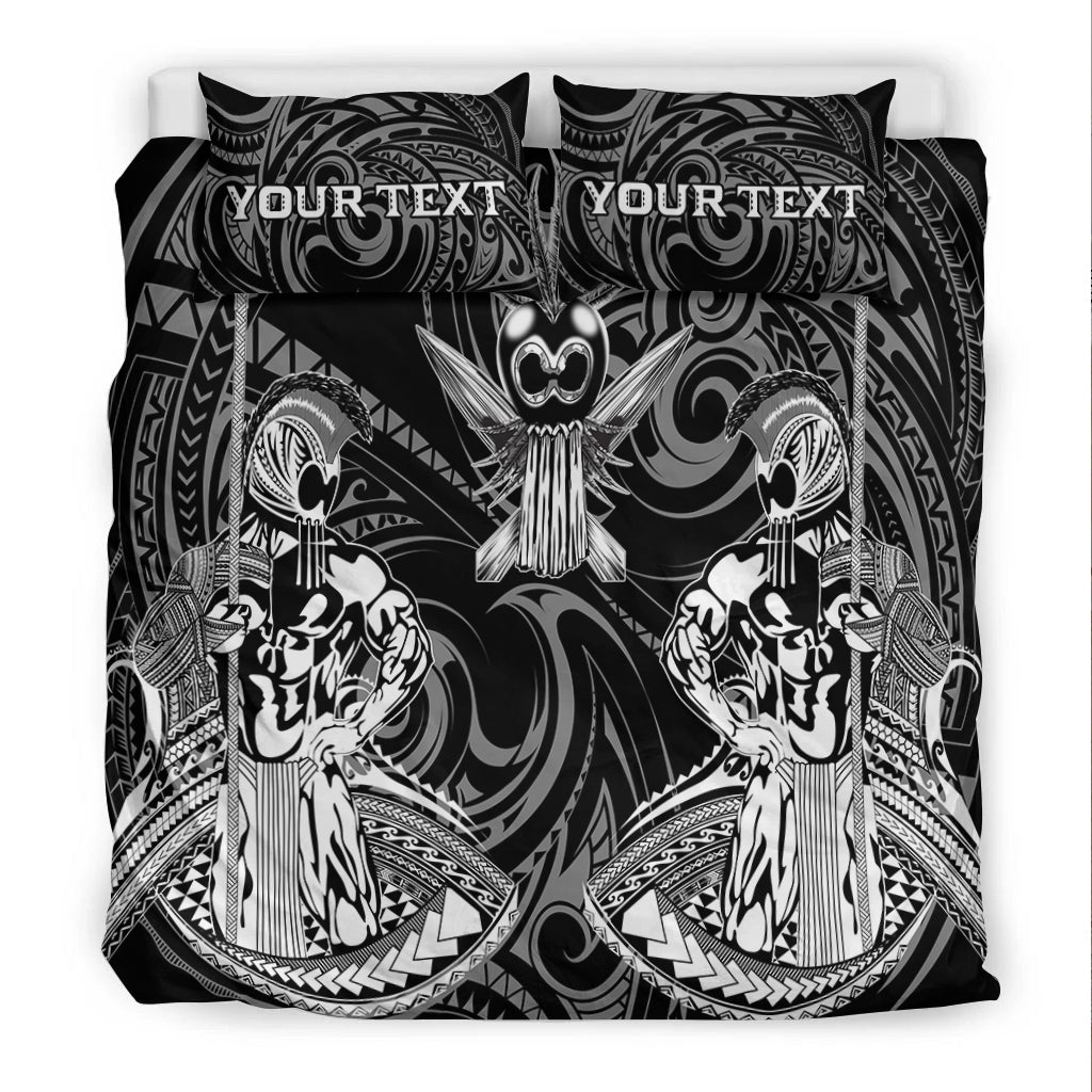 Black bedding set with two pillow shams; symmetrical warrior illustration and 'YOUR TEXT' text.