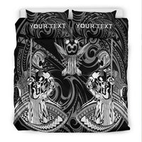 Black bedding set with two pillow shams; symmetrical warrior illustration and 'YOUR TEXT' text.