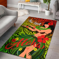 Hula girl reggae area rug with 'Aloha' text, red floral accents, green and orange pattern