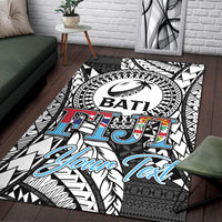 Black Bati tapa area rug with BATI logo, tribal pattern, and blue “Your Text”