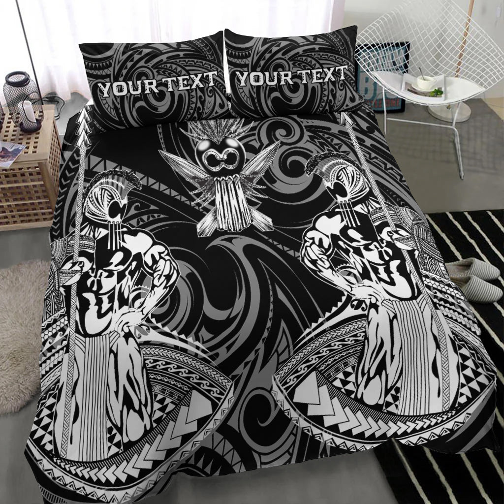 Black warrior bedding set close-up with tribal faces and center mask; 'YOUR TEXT' pillows.