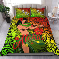 Hawaiian hula girl duvet and pillow set in green red yellow reggae tribal print with Aloha