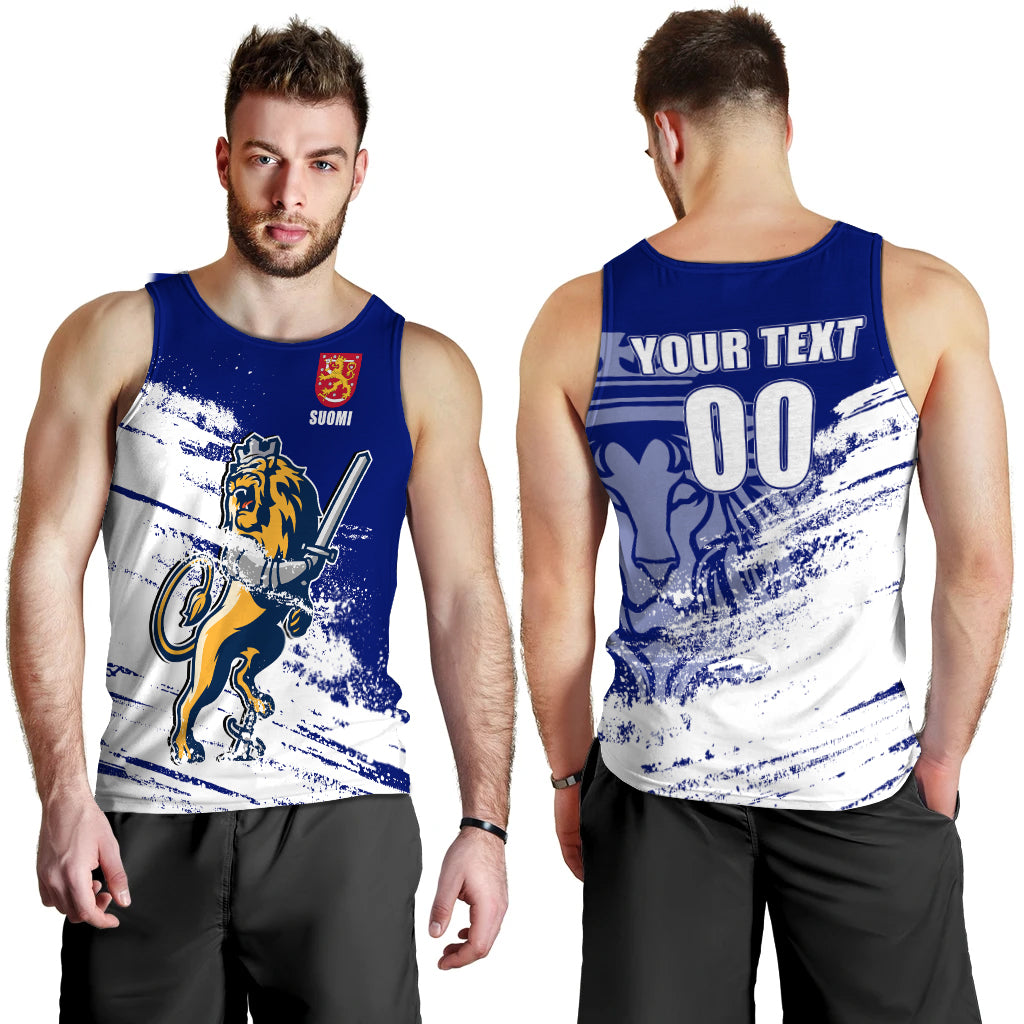 Men's blue and white hockey tank top with lion graphic and crest