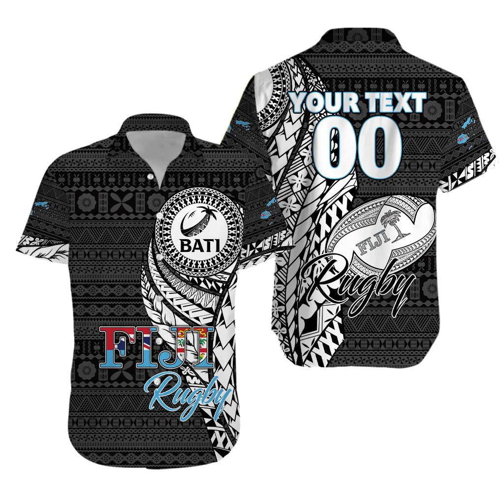 Black Fiji rugby Bati Hawaiian shirt with blue 'Bati' and 'Fiji Rugby' print, short sleeves