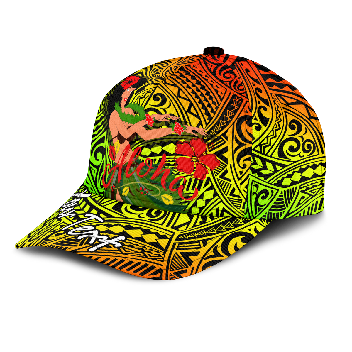 Hula girl cap, Aloha script with neon patterns and red hibiscus flowers