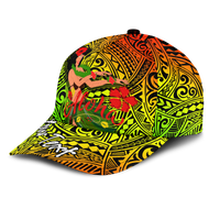Hula girl cap, Aloha script with neon patterns and red hibiscus flowers