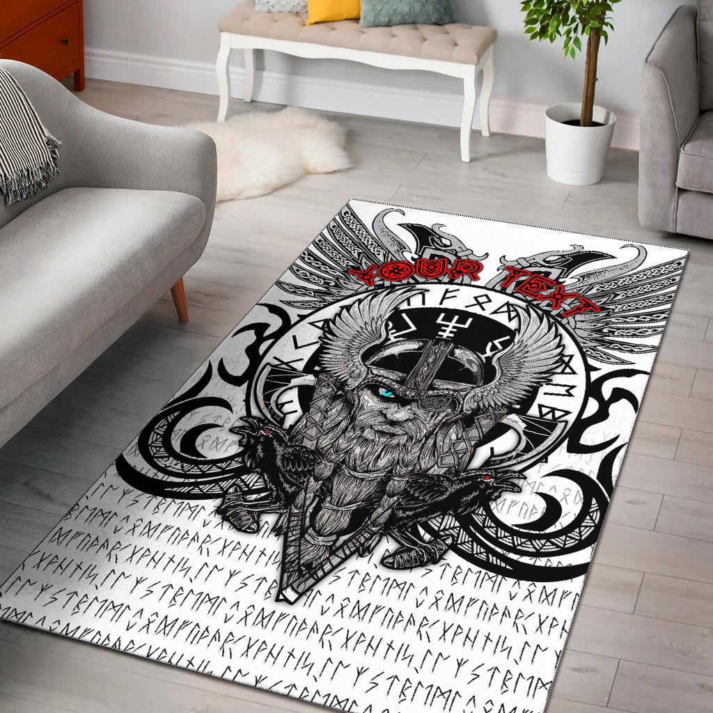 Viking area rug with Odin raven graphic, black and white with red accents and rune border
