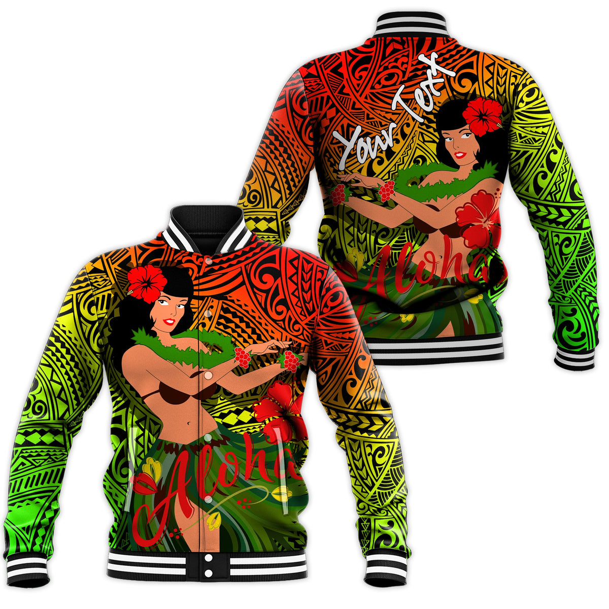 Reggae hula girl baseball jacket, multicolor tribal print, striped ribbed collar and cuffs