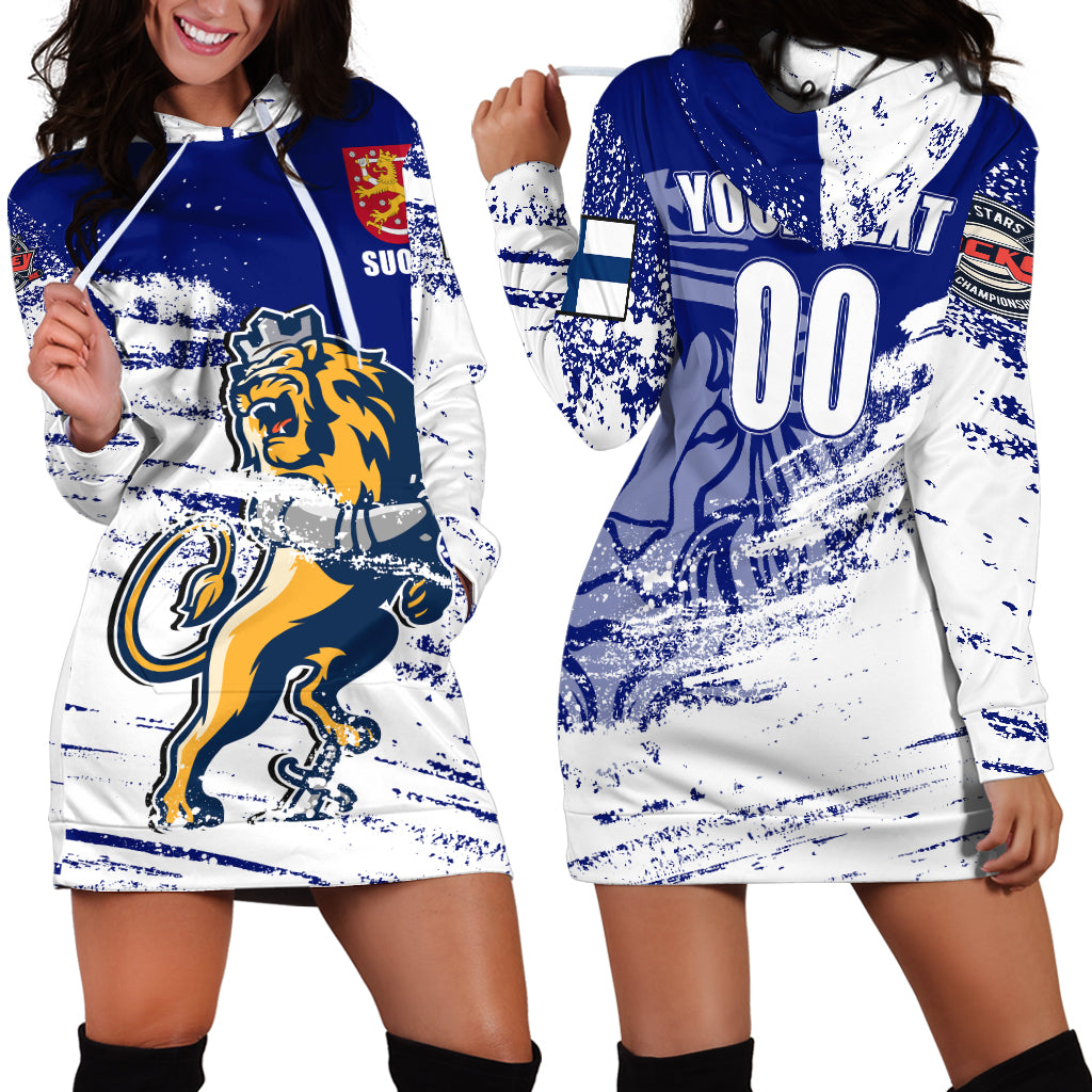 Blue and white hockey hoodie dress with hood and long sleeves, sports team print.