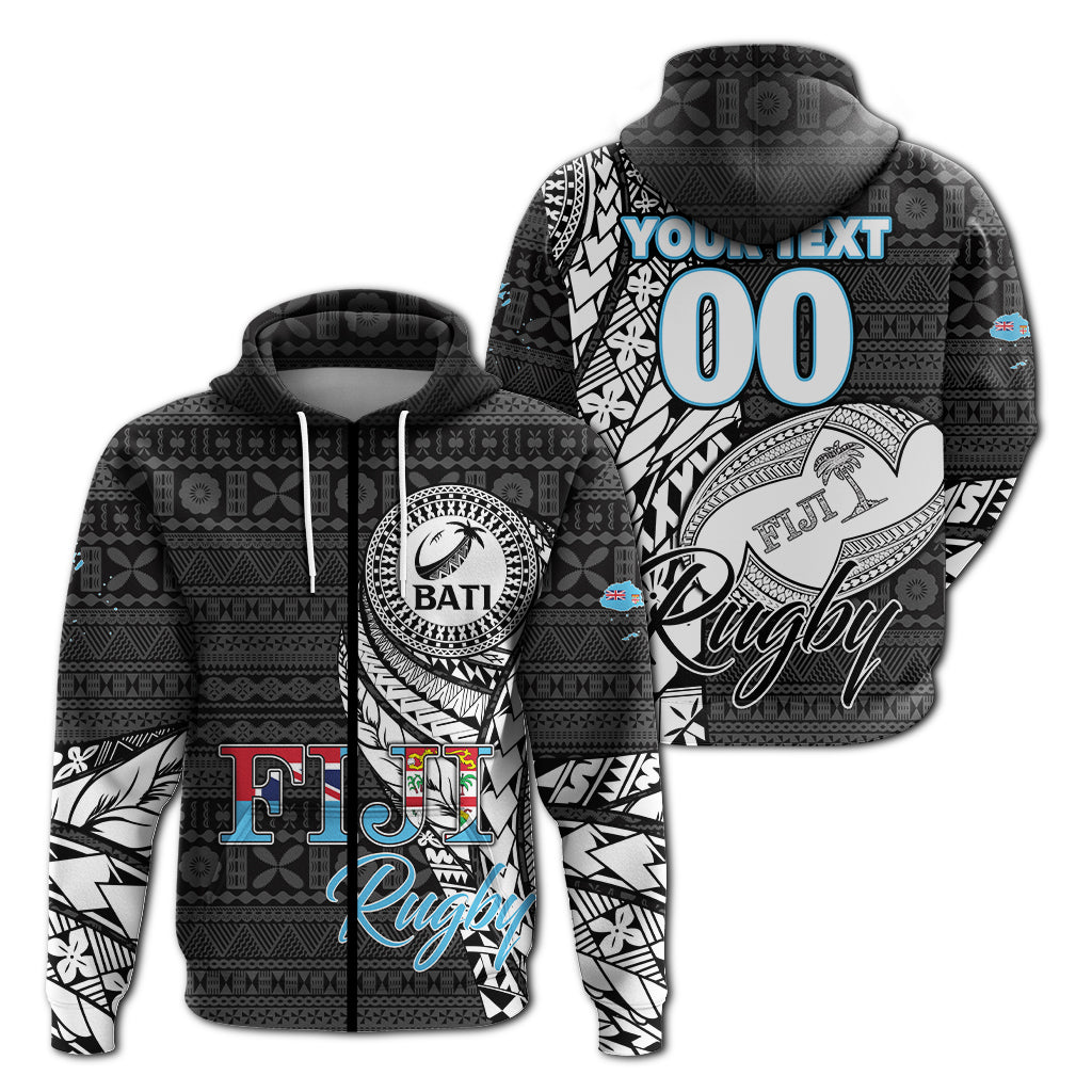 Black rugby hoodie with hood, drawstrings, and Bati Tapa pattern; front and back view