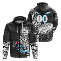 Black rugby hoodie with hood, drawstrings, and Bati Tapa pattern; front and back view