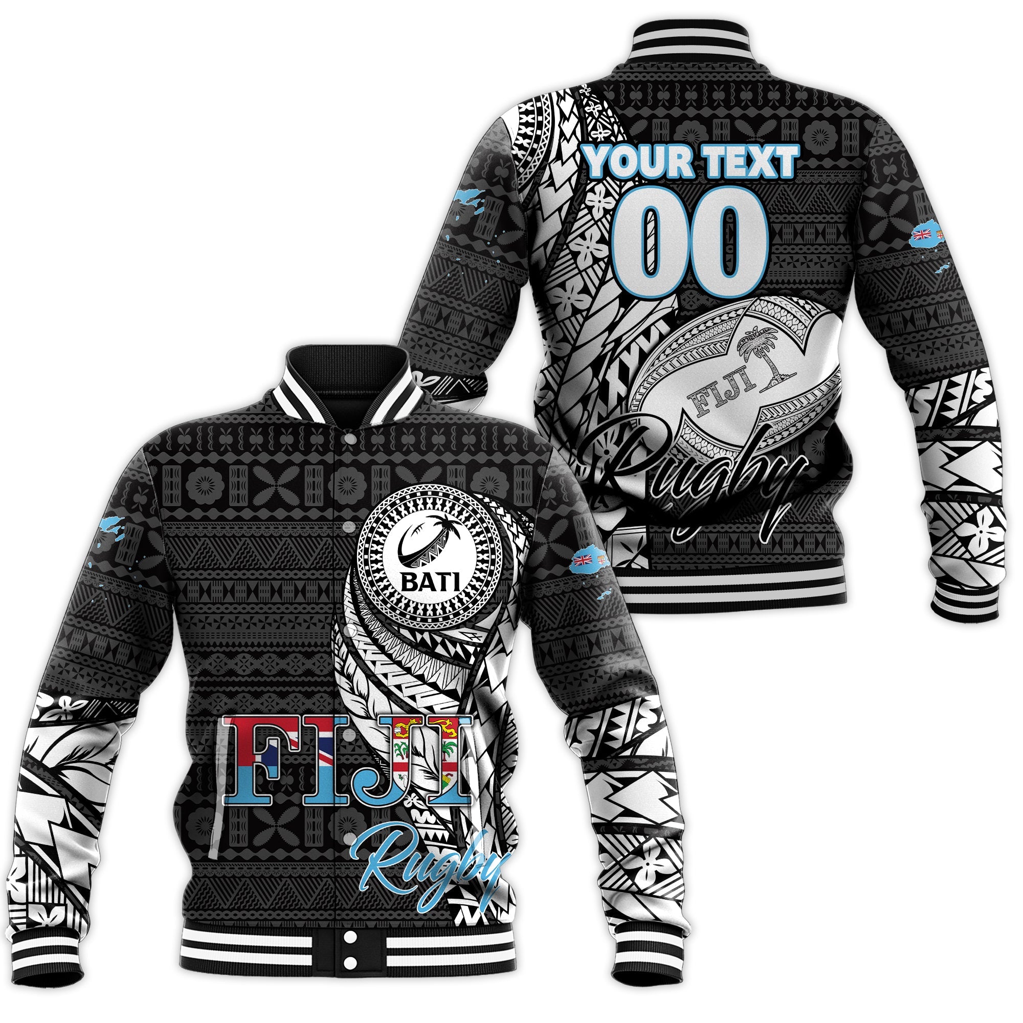 Custom Personalised Fiji Rugby Bati Tapa Pattern Baseball Jacket - LT2 - Wonder Print Shop