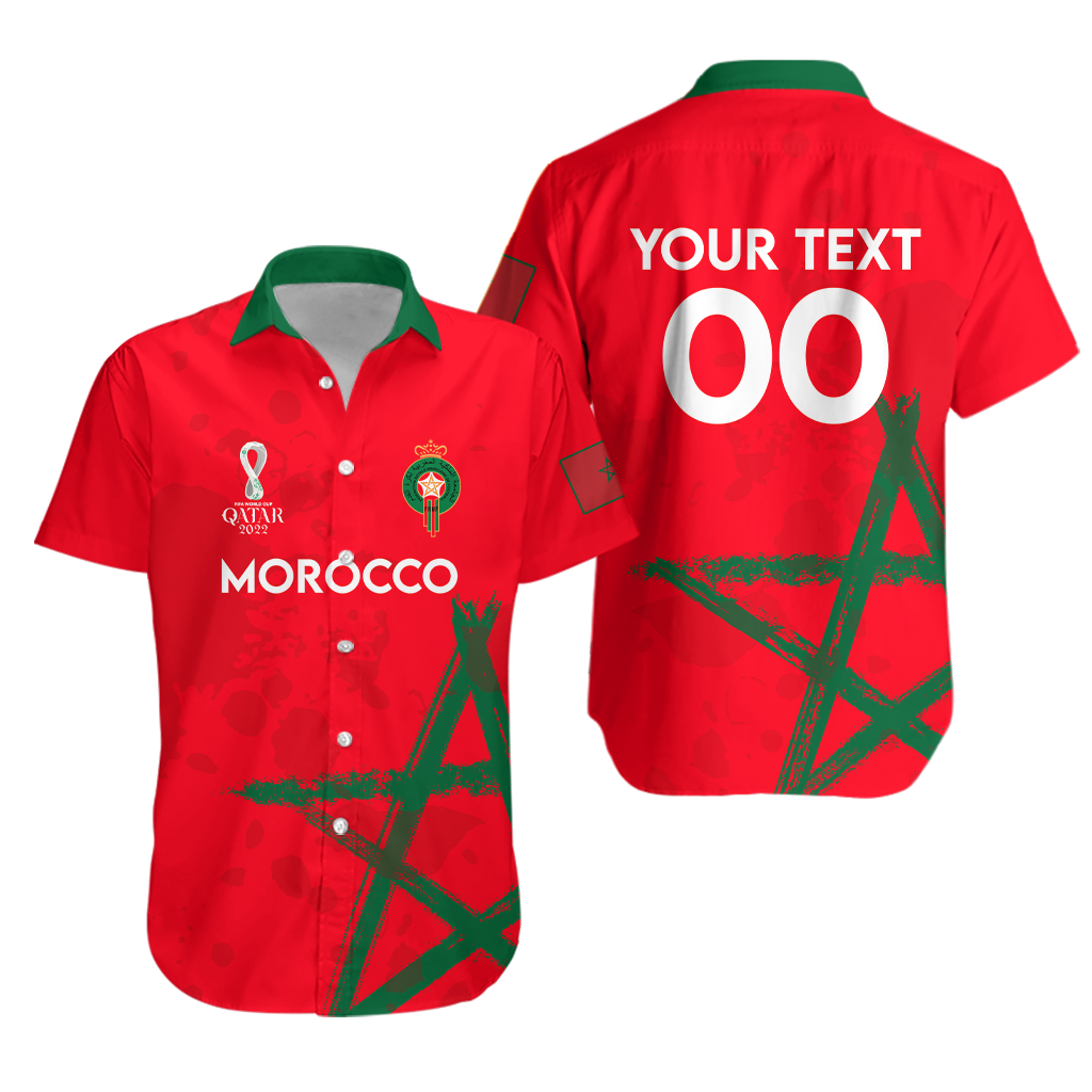Red Hawaiian shirt, green collar, button front, Morocco crest graphic, custom text.