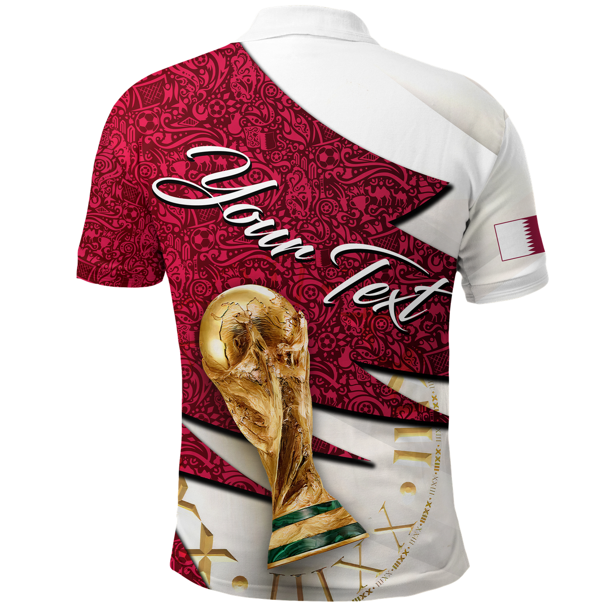 Football team polo shirt with maroon pattern, white stripes, and gold trophy print