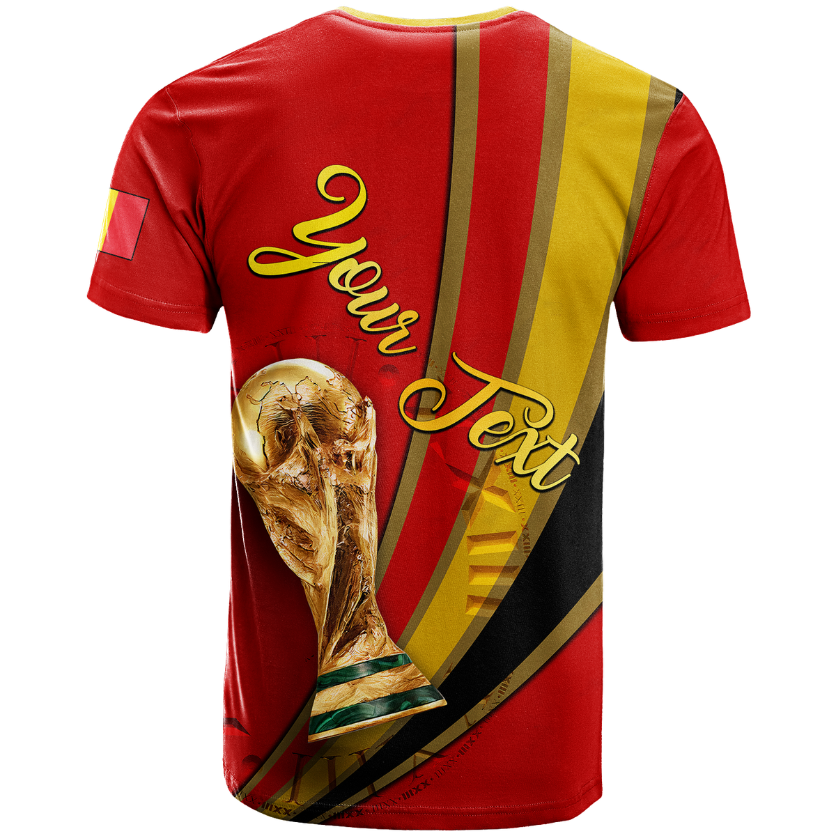 Red soccer T-shirt with Belgium diagonal stripes, gold script, large trophy graphic (back)