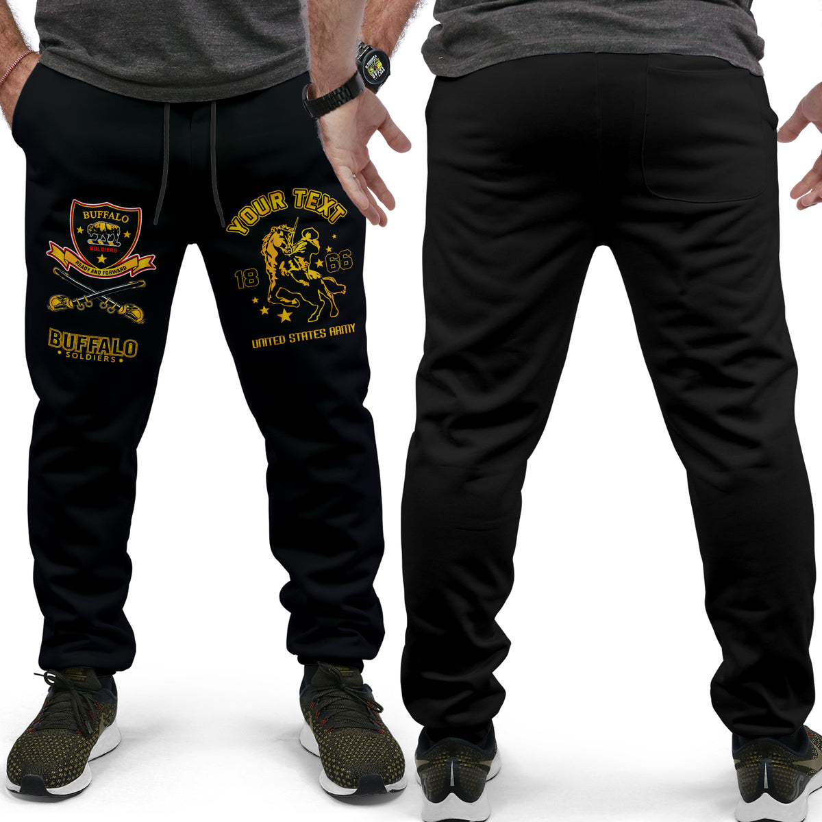 Black jogger pants with drawstring and colorful leg graphic, elastic cuffs