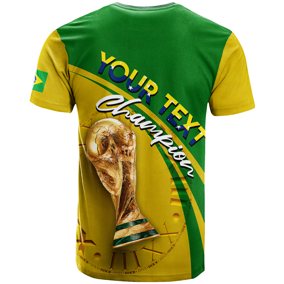 Custom Brazil football T-shirt, green and yellow with trophy graphic and BR text
