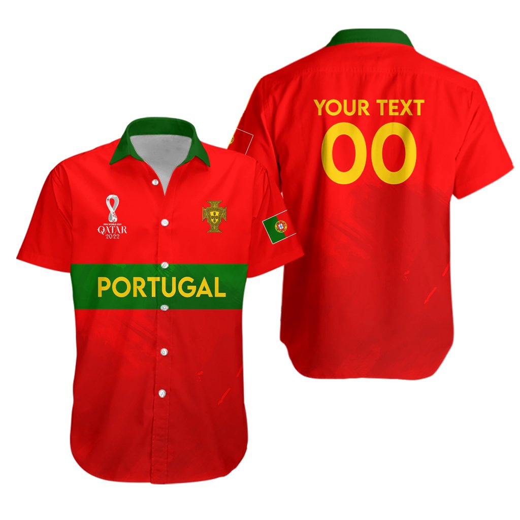 Red Portugal Hawaiian shirt with green collar, button front, crest and 'Portugal' print