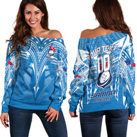 Off-shoulder blue sweater with Samoa rugby graphic, showing front and back.