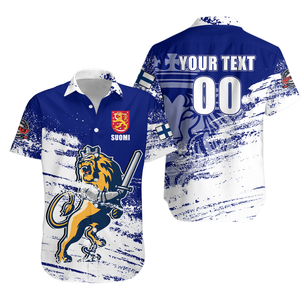 Blue and white unisex hockey Hawaiian shirt, button-up collar, lion and Finland crest graphics
