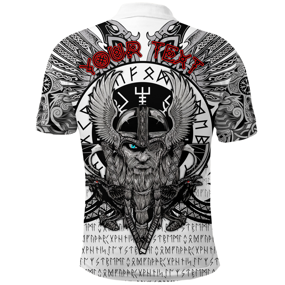 White Viking graphic T-shirt with large back Odin helmet and raven artwork