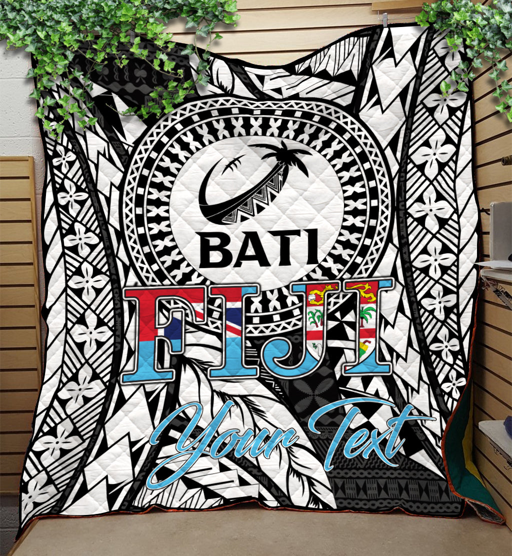 Personalised quilt, black/white tapa pattern with 'BATI' and 'FIJI' lettering plus 'Your Text'.