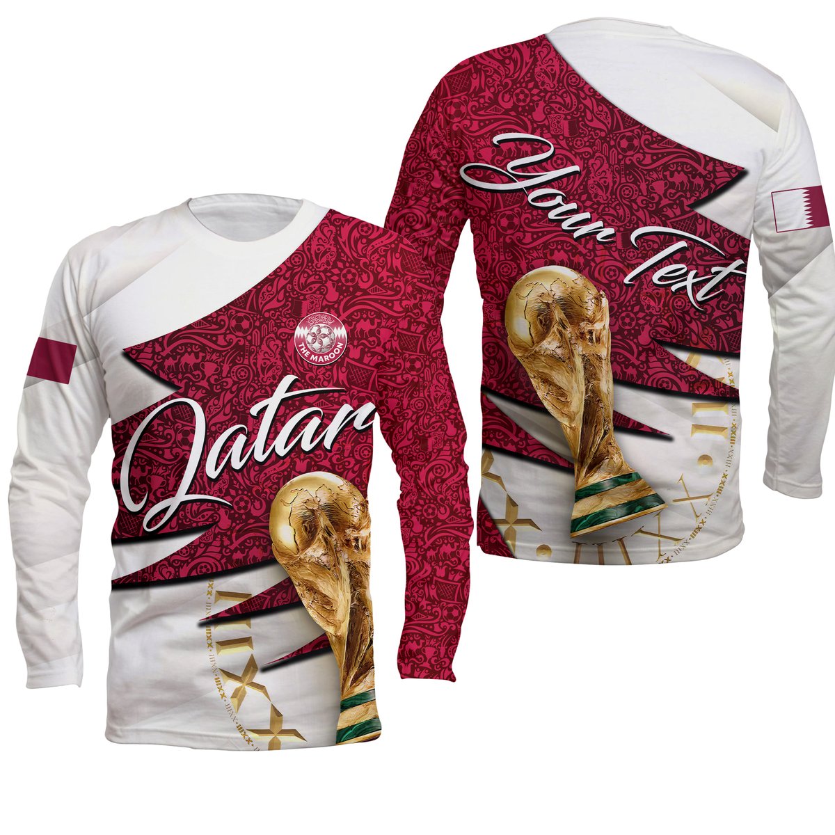 Long-sleeve football shirt with maroon front, white sleeves, and Qatar script with falcon graphic.