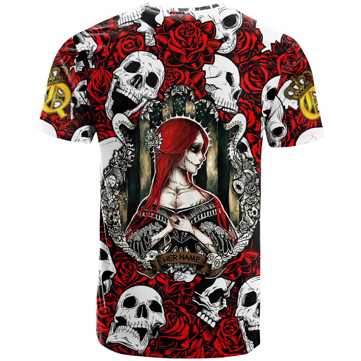 Skull and rose graphic T-shirt, red and white, queen-themed