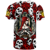 Skull and rose graphic T-shirt, red and white, queen-themed
