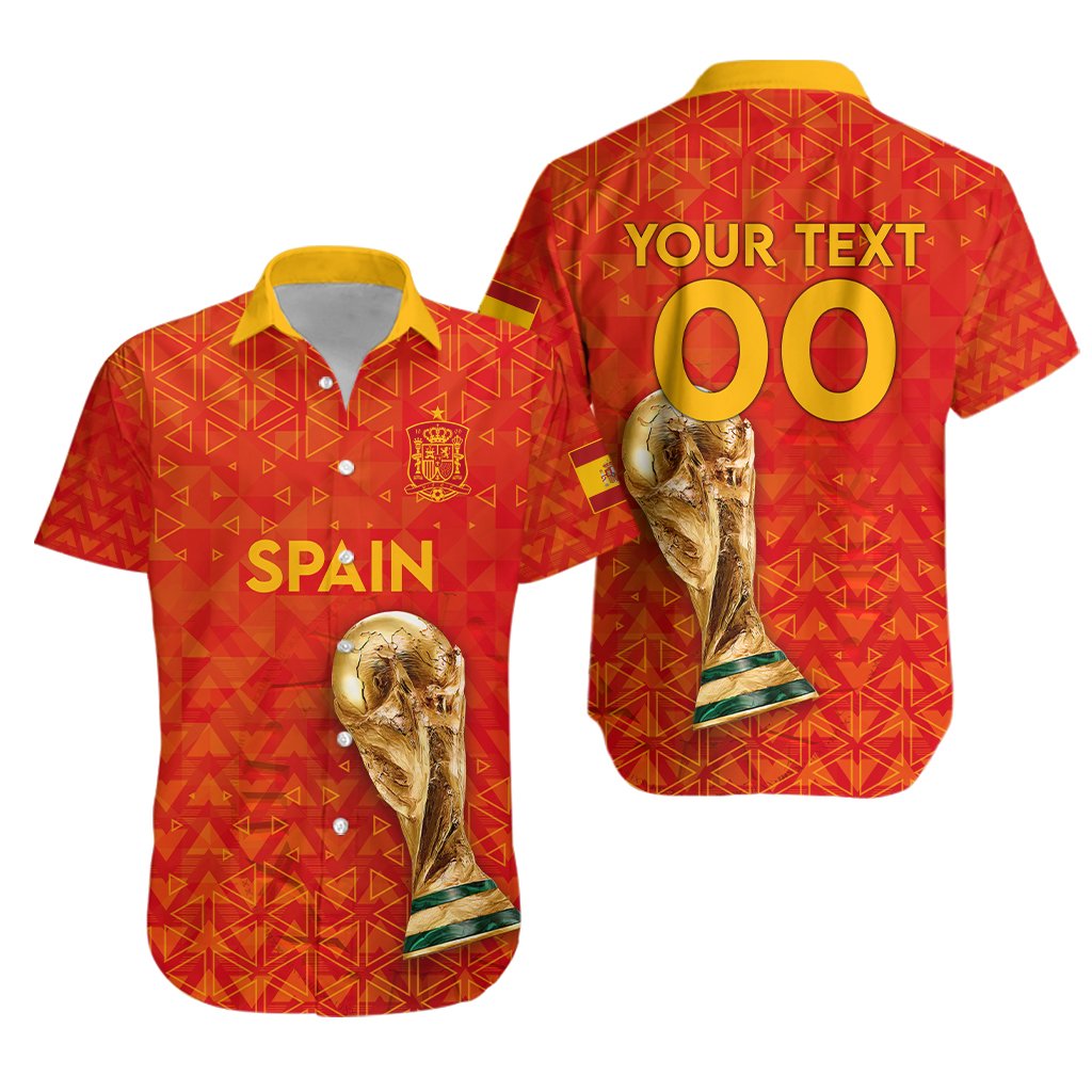 Red Spain-themed Hawaiian shirt with geometric pattern, crest, and soccer ball graphics