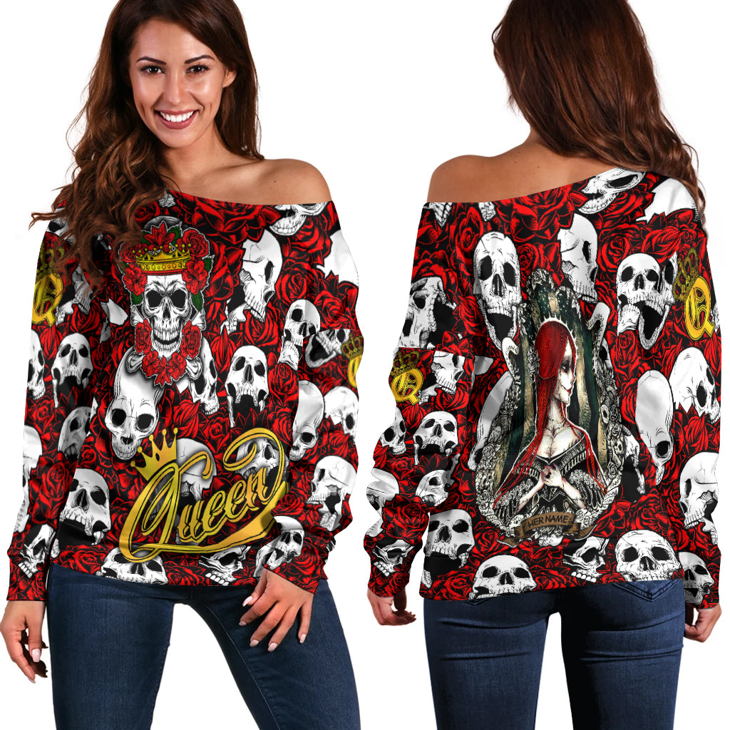 Women's off-shoulder sweater with red, white, and black skull and rose print