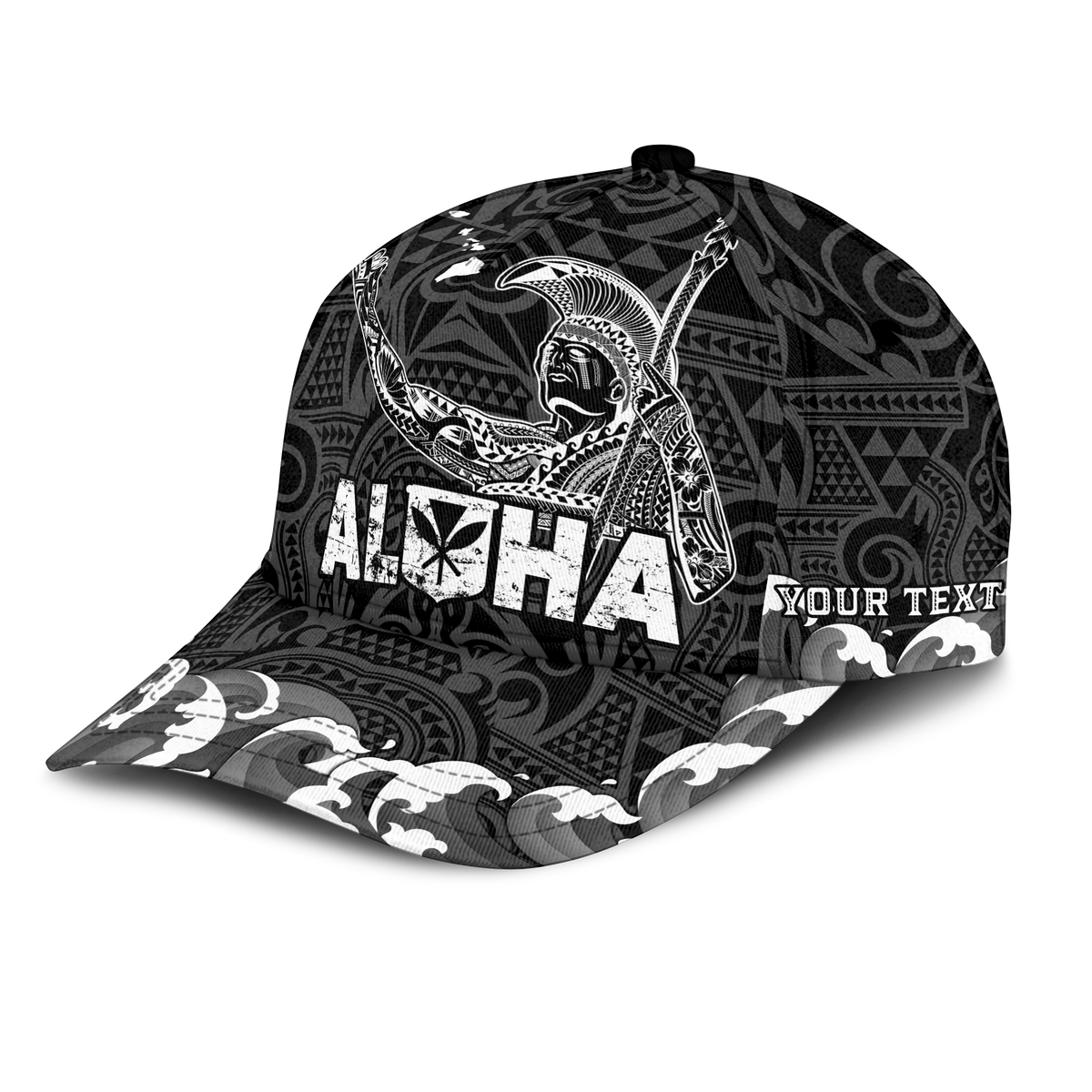 Black classic cap with AL*HA print and kamehameha figure; 'YOUR TEXT' on side