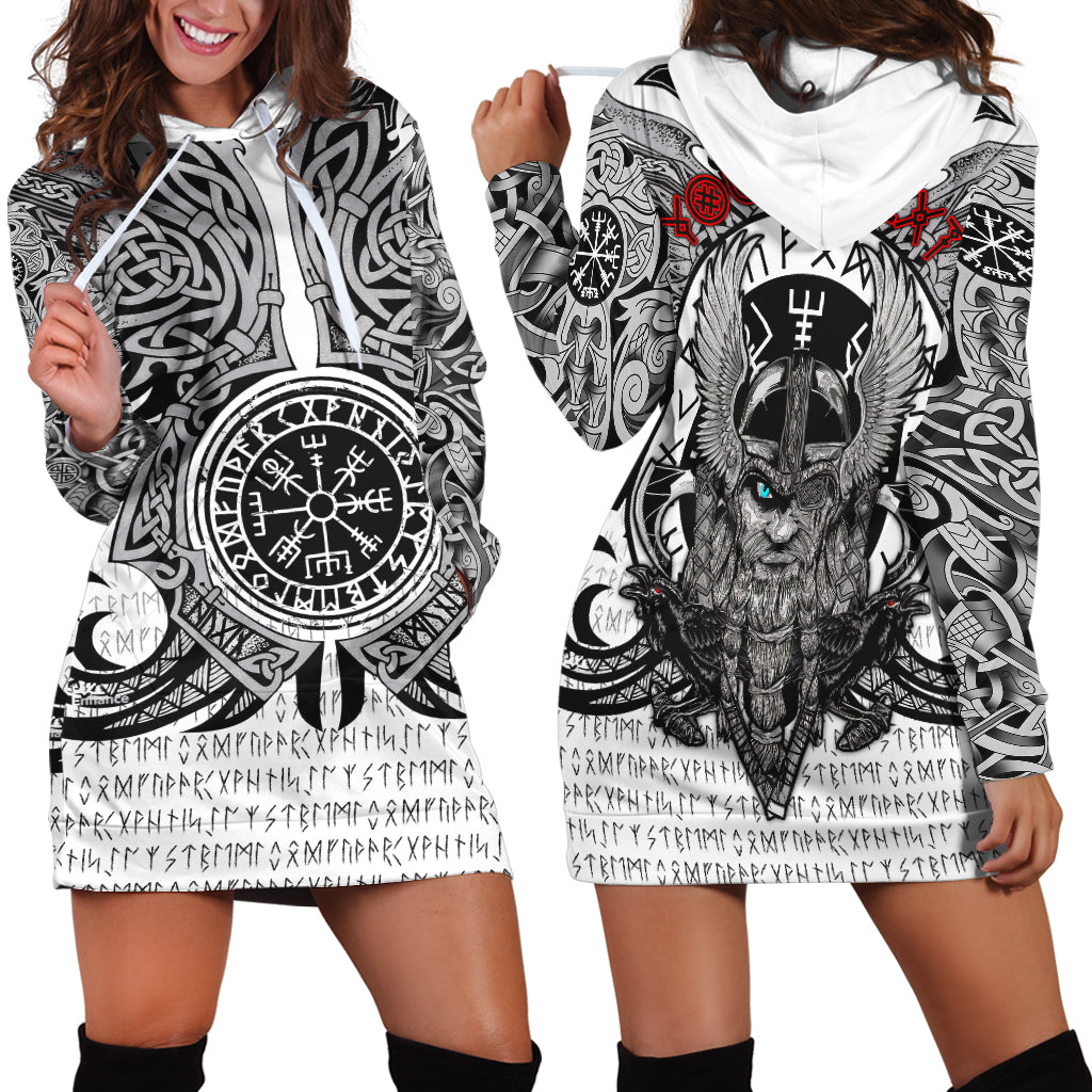 White hoodie dress with black Viking-style Norse emblem print, long sleeves and hood