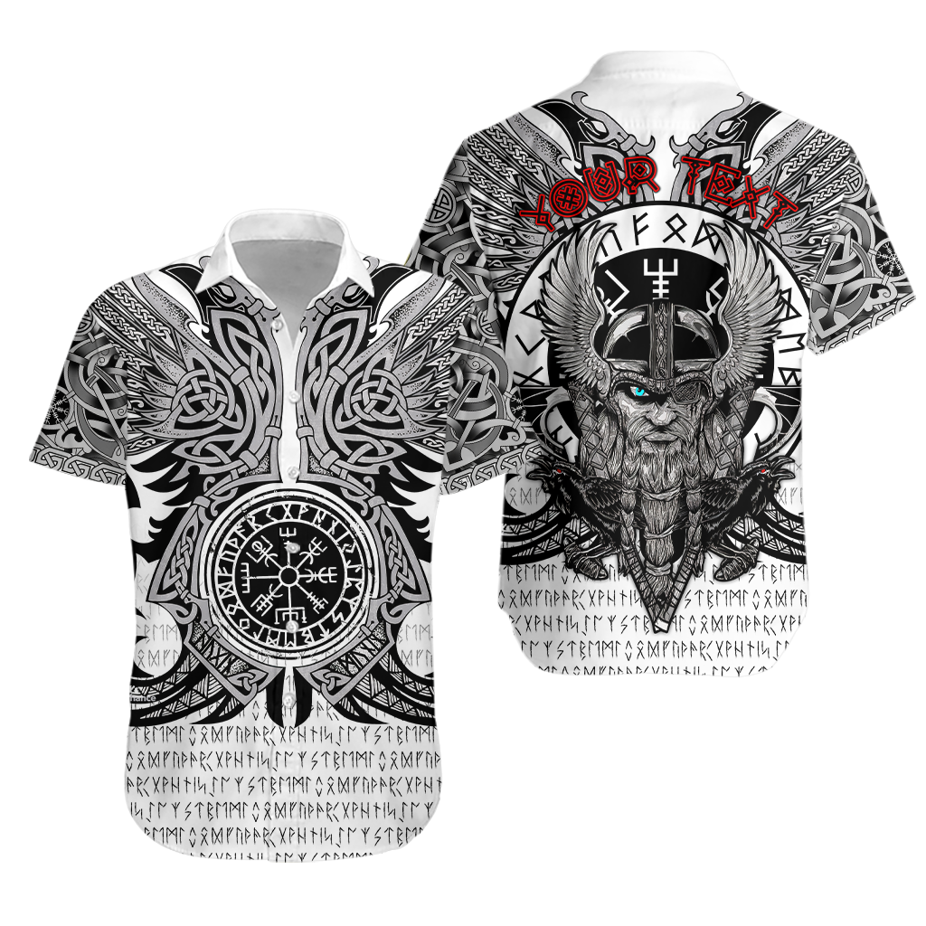 White unisex Hawaiian shirt with Viking rune and Odin graphic front and back