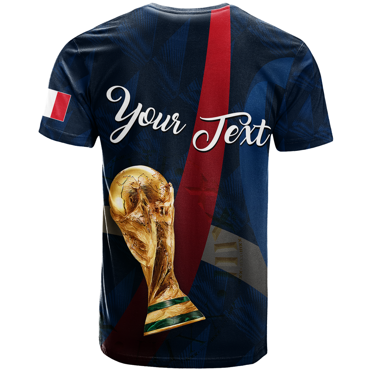 France football T-shirt, navy with red stripe, Your Text and golden trophy graphic