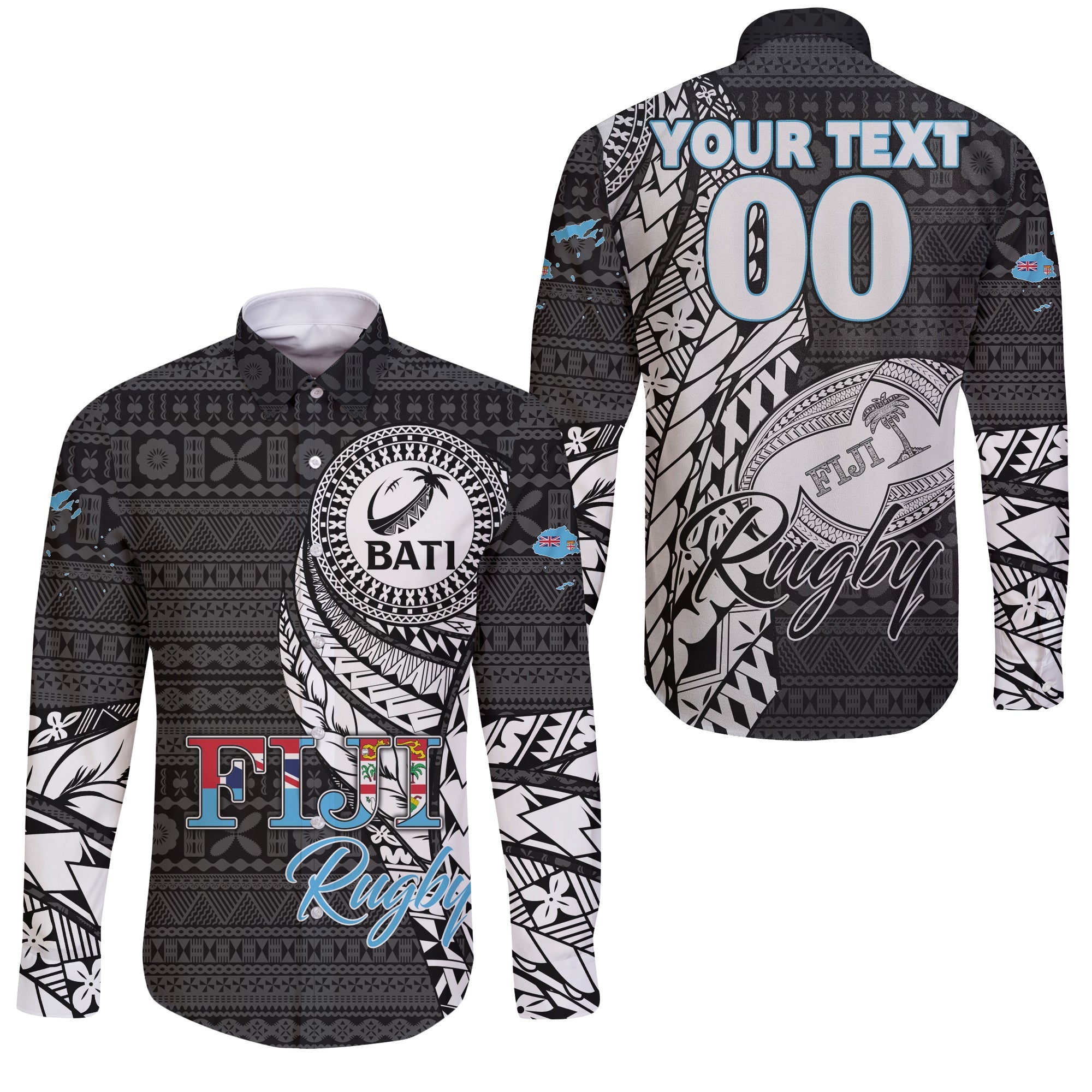 Custom Personalised Fiji Rugby Bati Tapa Pattern Sleeve Button Shirt LT2 - Wonder Print Shop