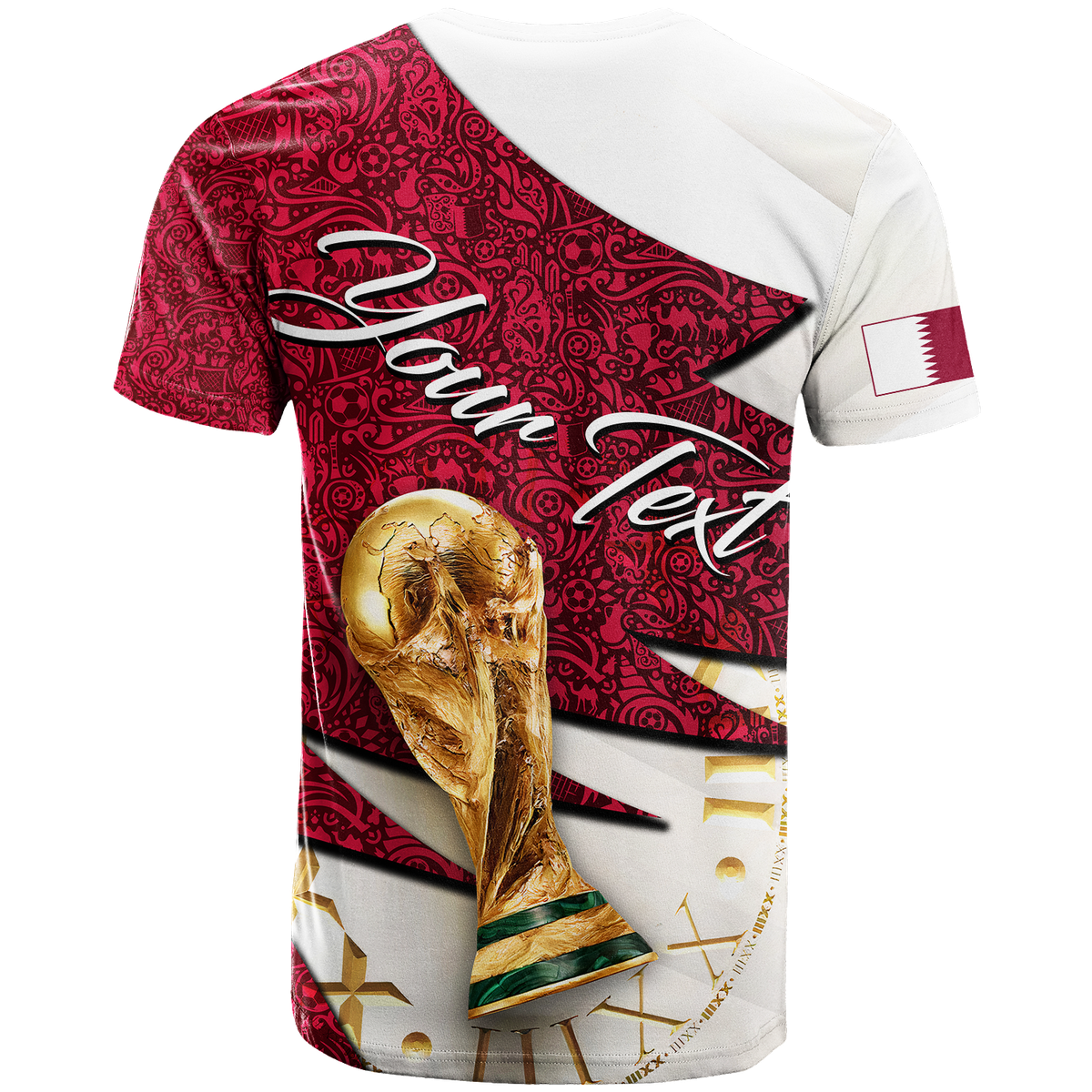 Maroon and purple patterned football team T-shirt with golden falcon and diagonal stripe
