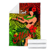 Folded hula girl 'Aloha' blanket with red flowers and green leaf pattern, white back